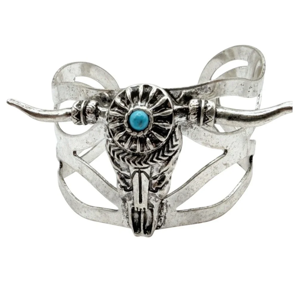 Silver Tone Longhorn Bull Skull Turquoise Open Cuff Bracelet 8 Inch
